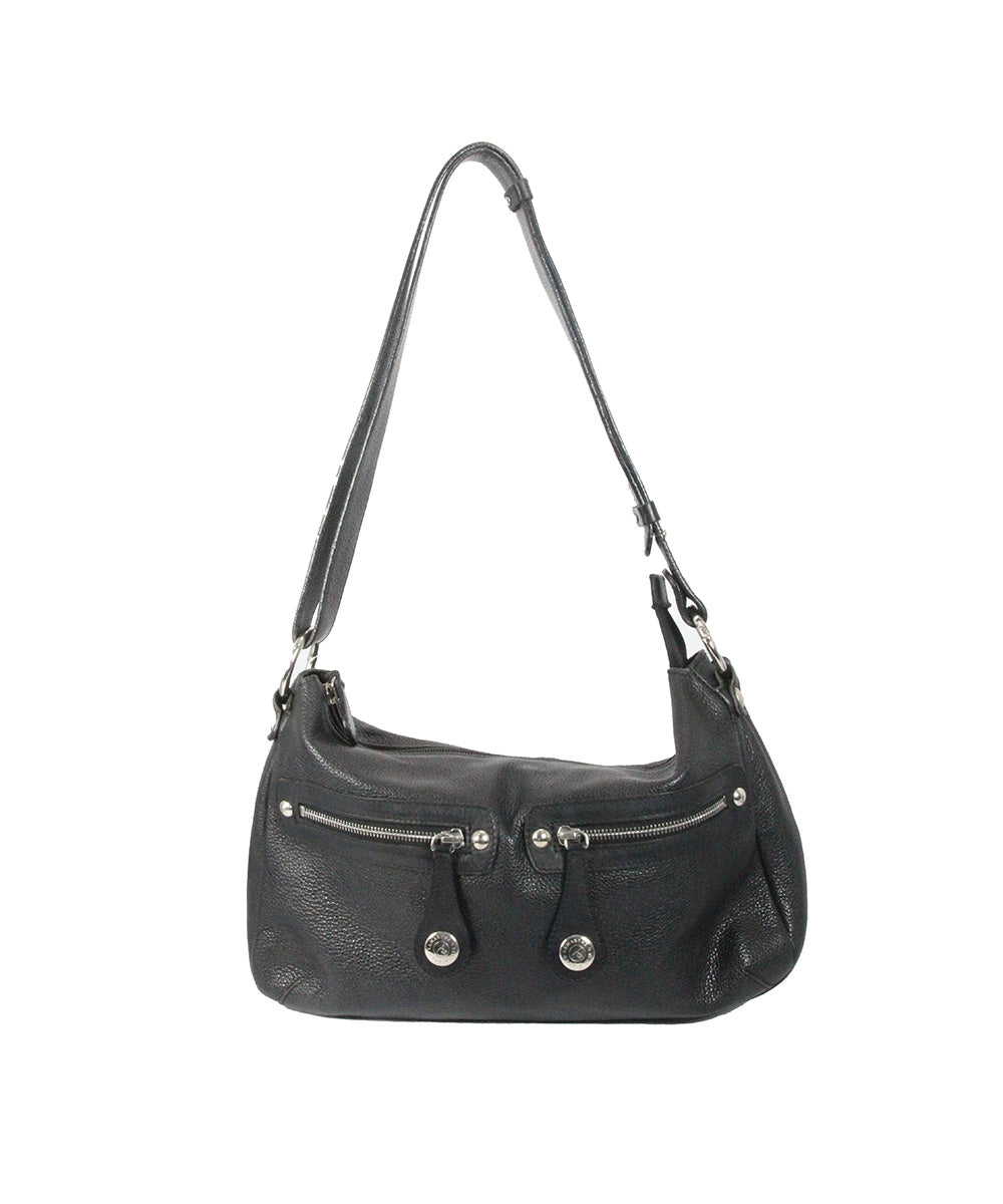Bolsa Média de Couro Preto e Bolsos Externos