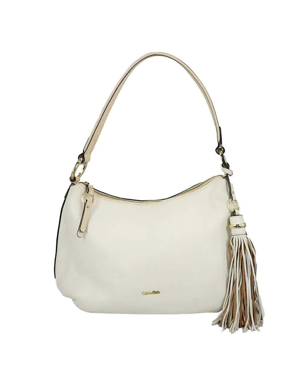 Bolsa Média de Couro Branco com Tasel