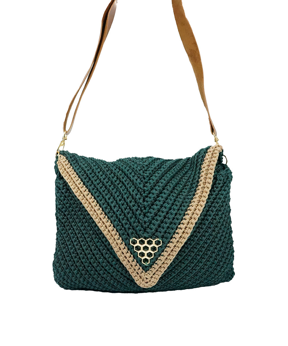 Bolsa Grande de Crochê Verde e Bege