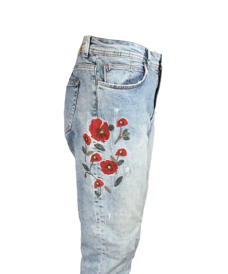 Calça Jeans Com Flores Vermelhas