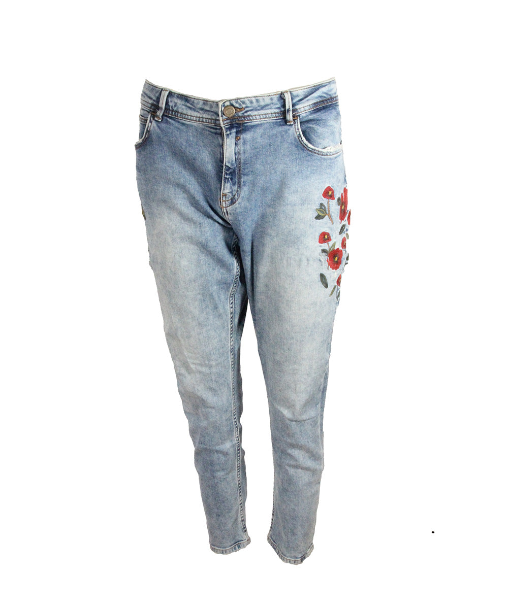 Calça Jeans Com Flores Vermelhas