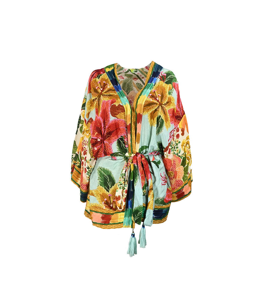 Kimono floral com cinto e tasel