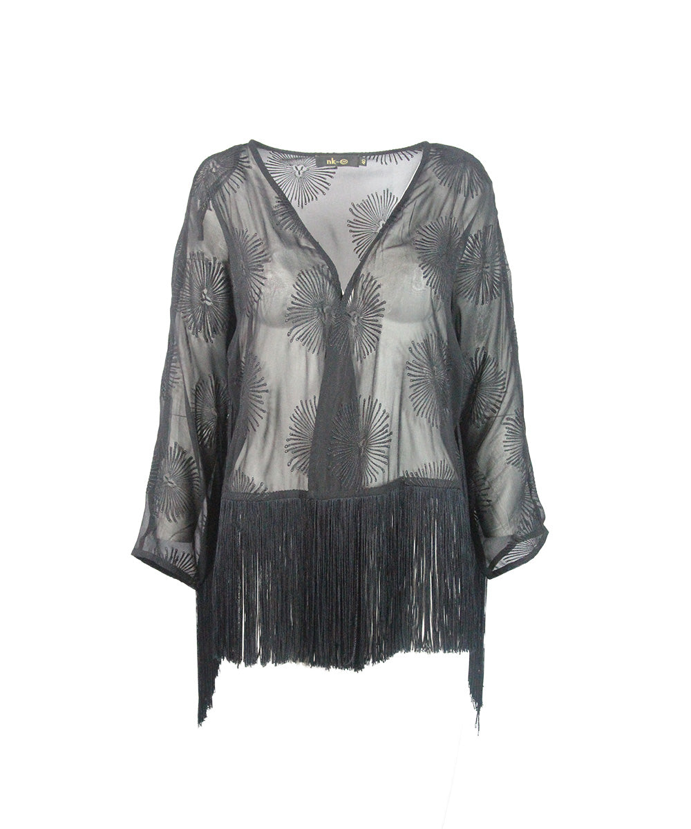 Kimono de Tule Preto Floral com Franjas