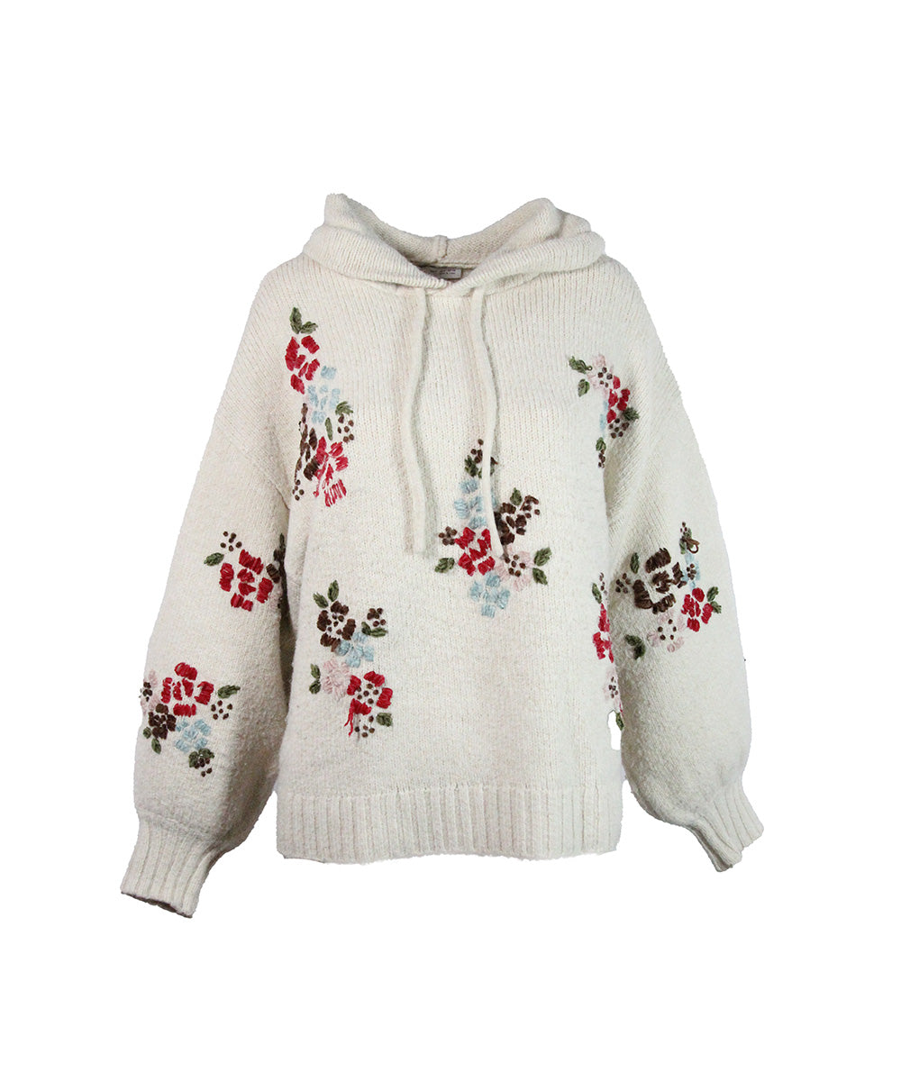 Malha de Lã Bege com Flores e Capuz