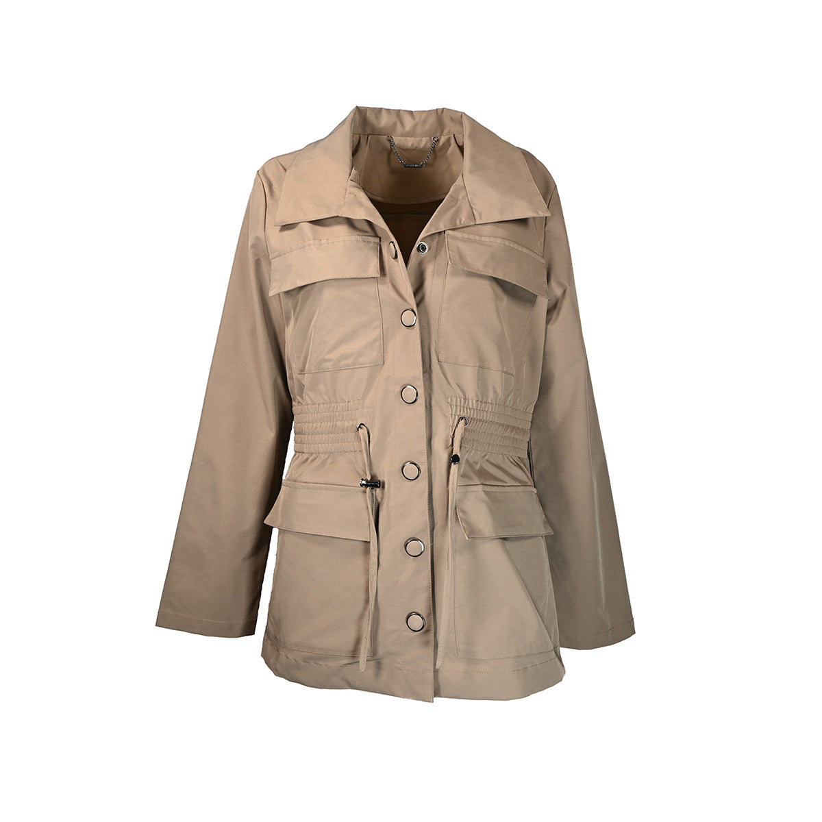 Casaco bege com botões e ajuste na cintura