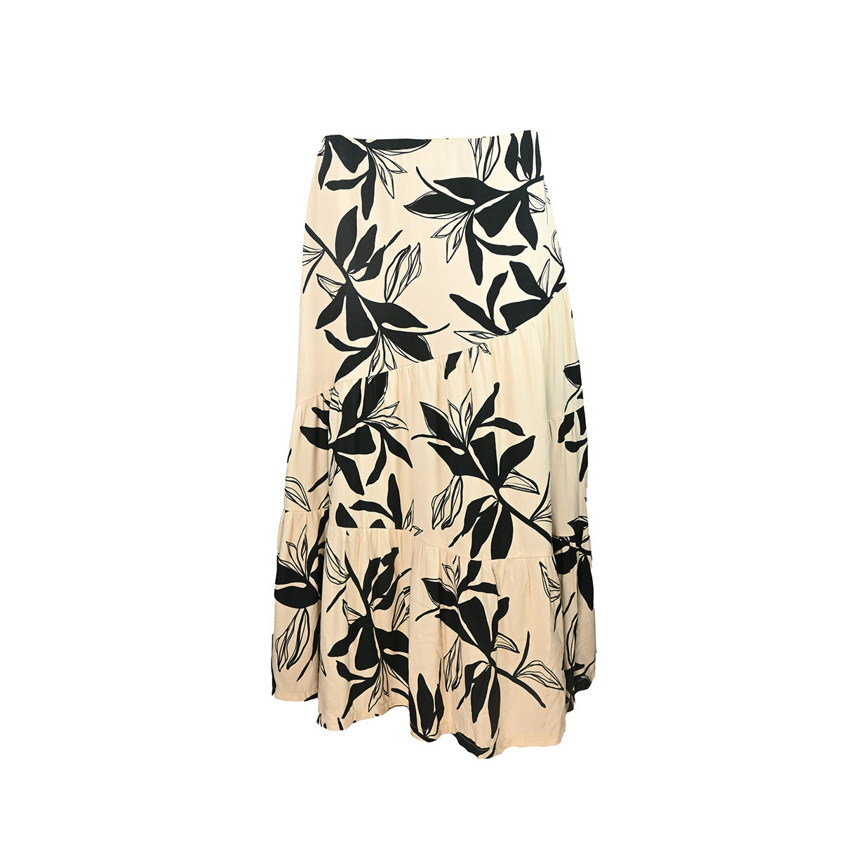 Saia Midi Branca com Estampa Floral Preta