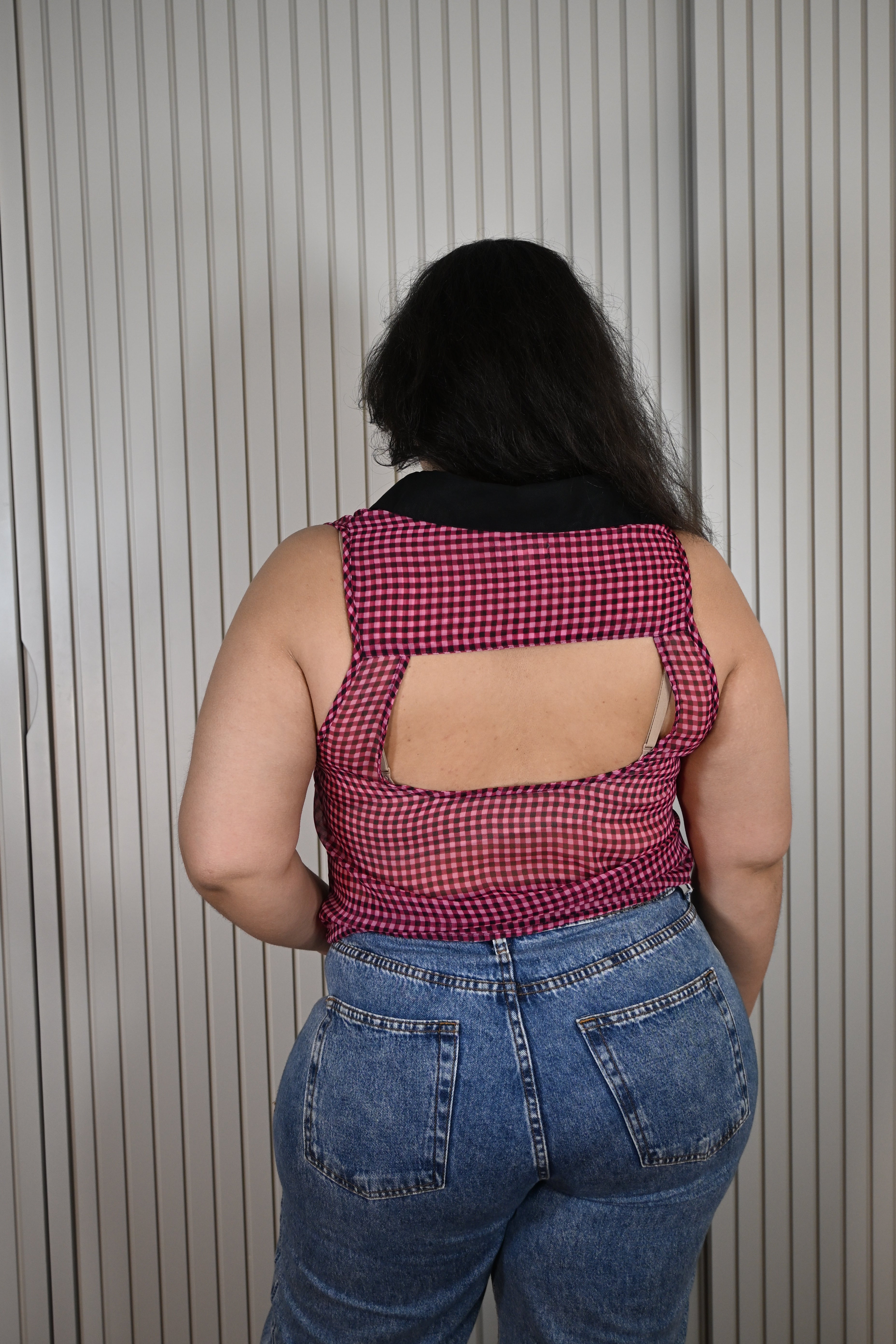 Camisa Regata Rosa Xadrez com Transparêcia