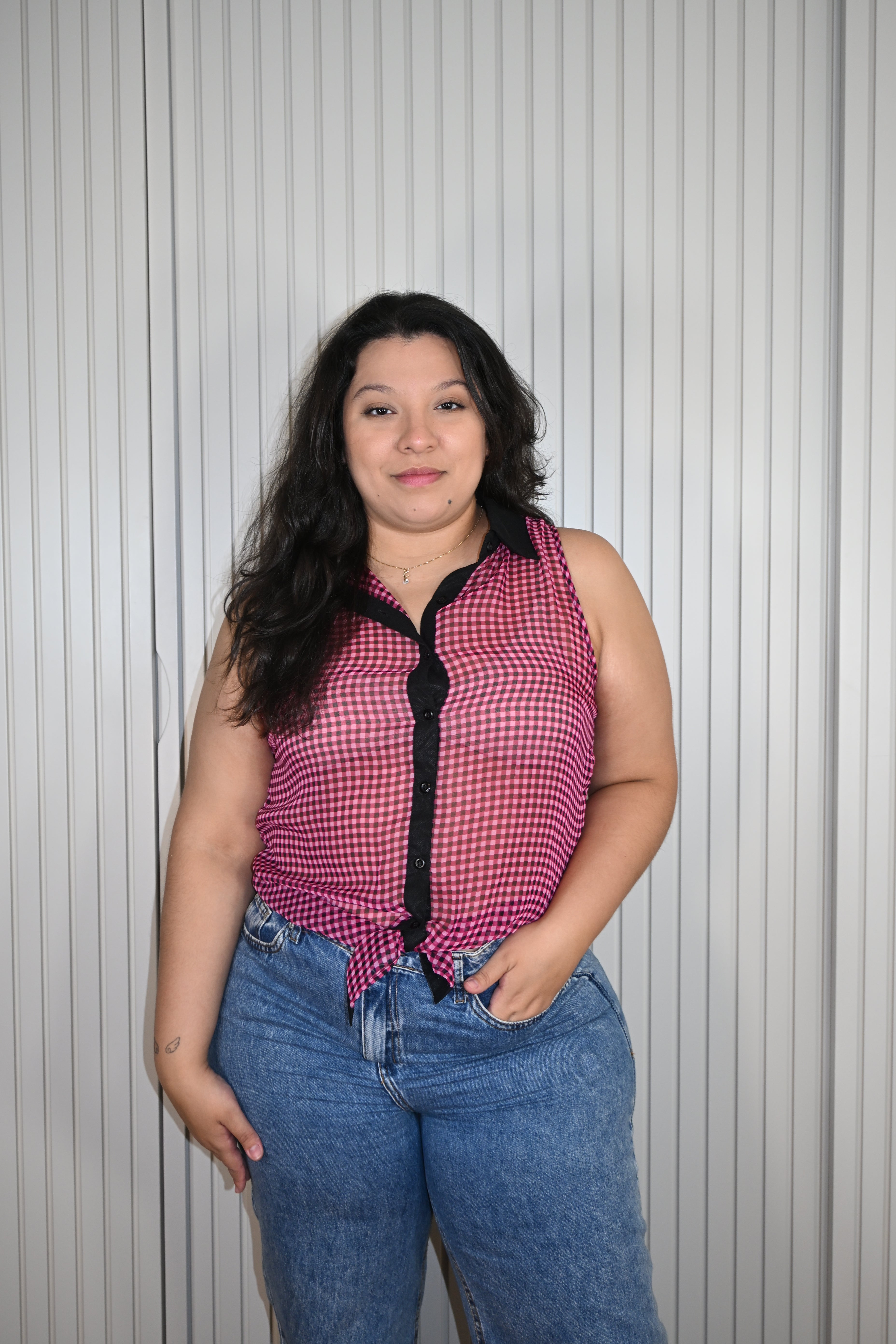 Camisa Regata Rosa Xadrez com Transparêcia