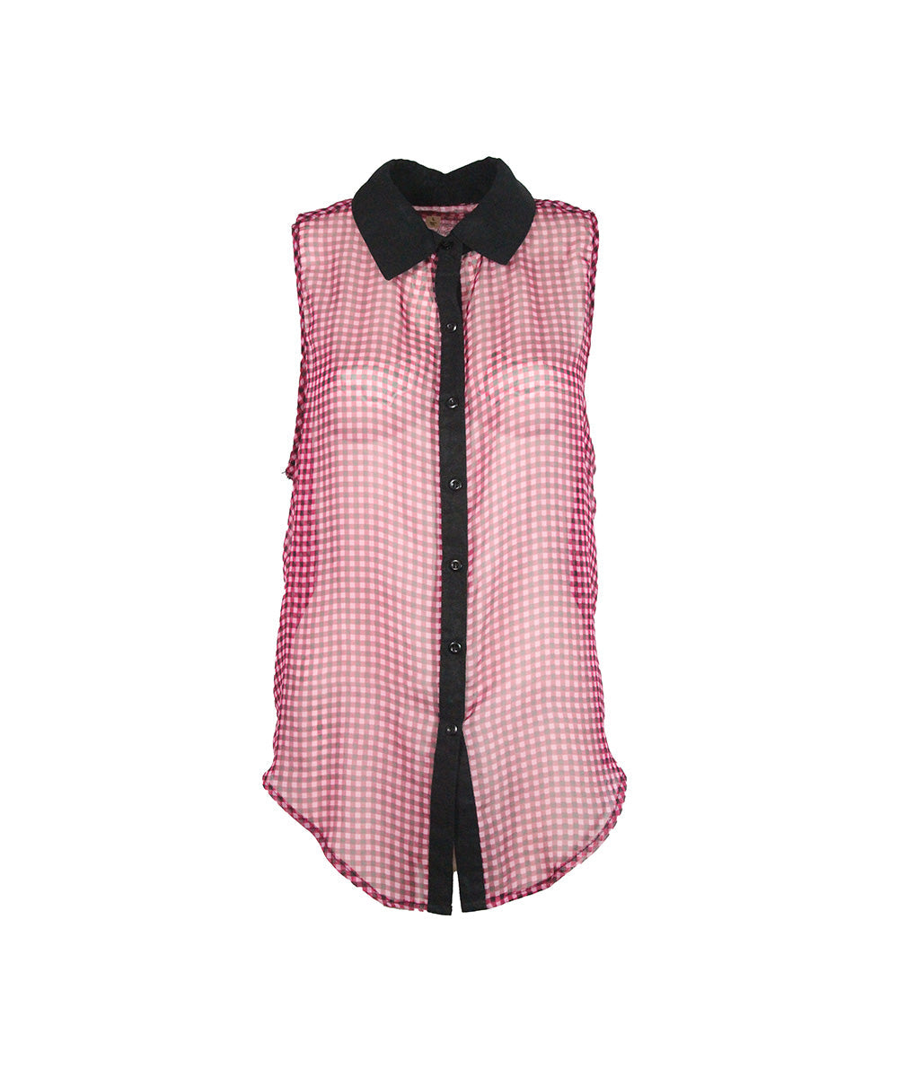 Camisa Regata Rosa Xadrez com Transparêcia