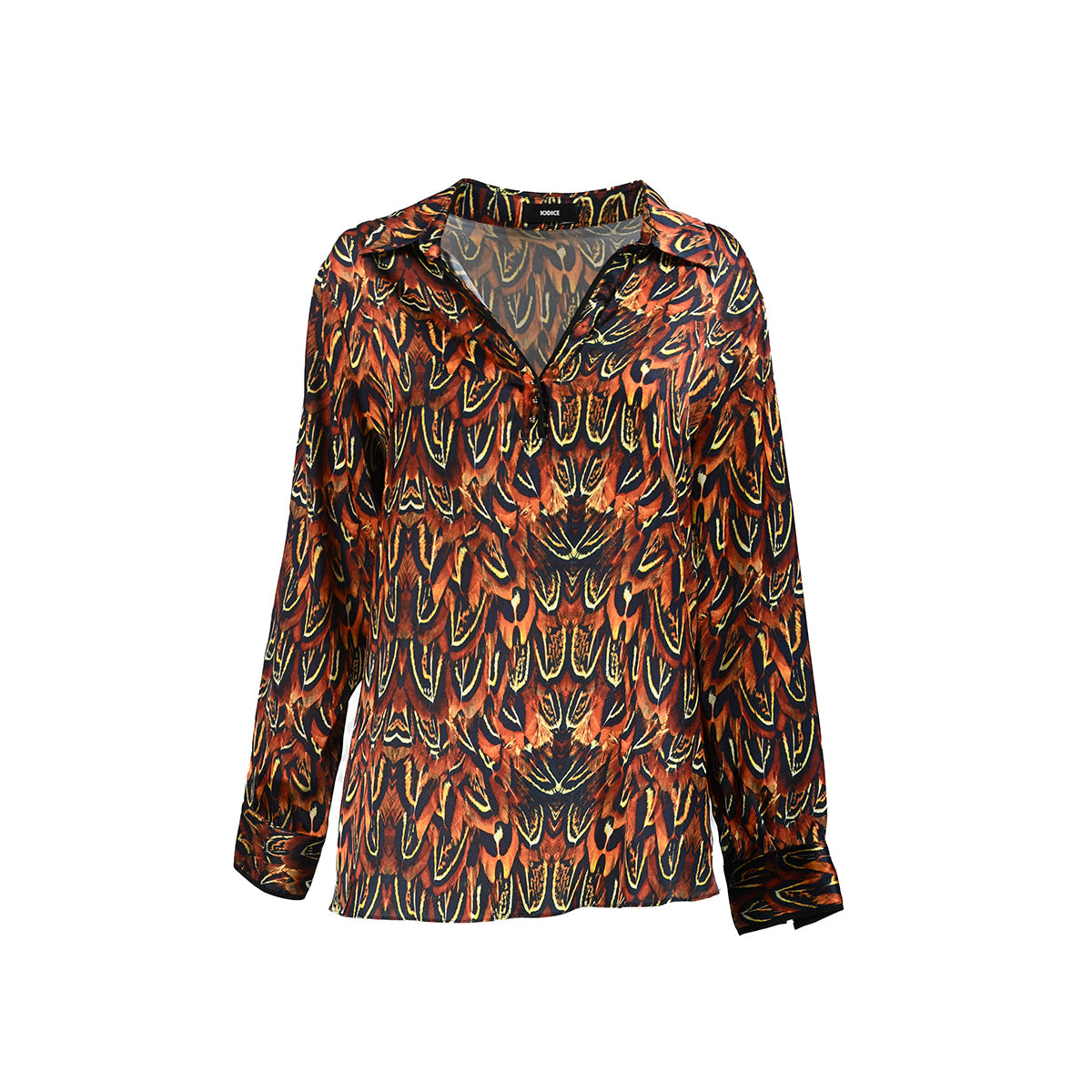 Blusa com penas estampadas em tom alaranjado