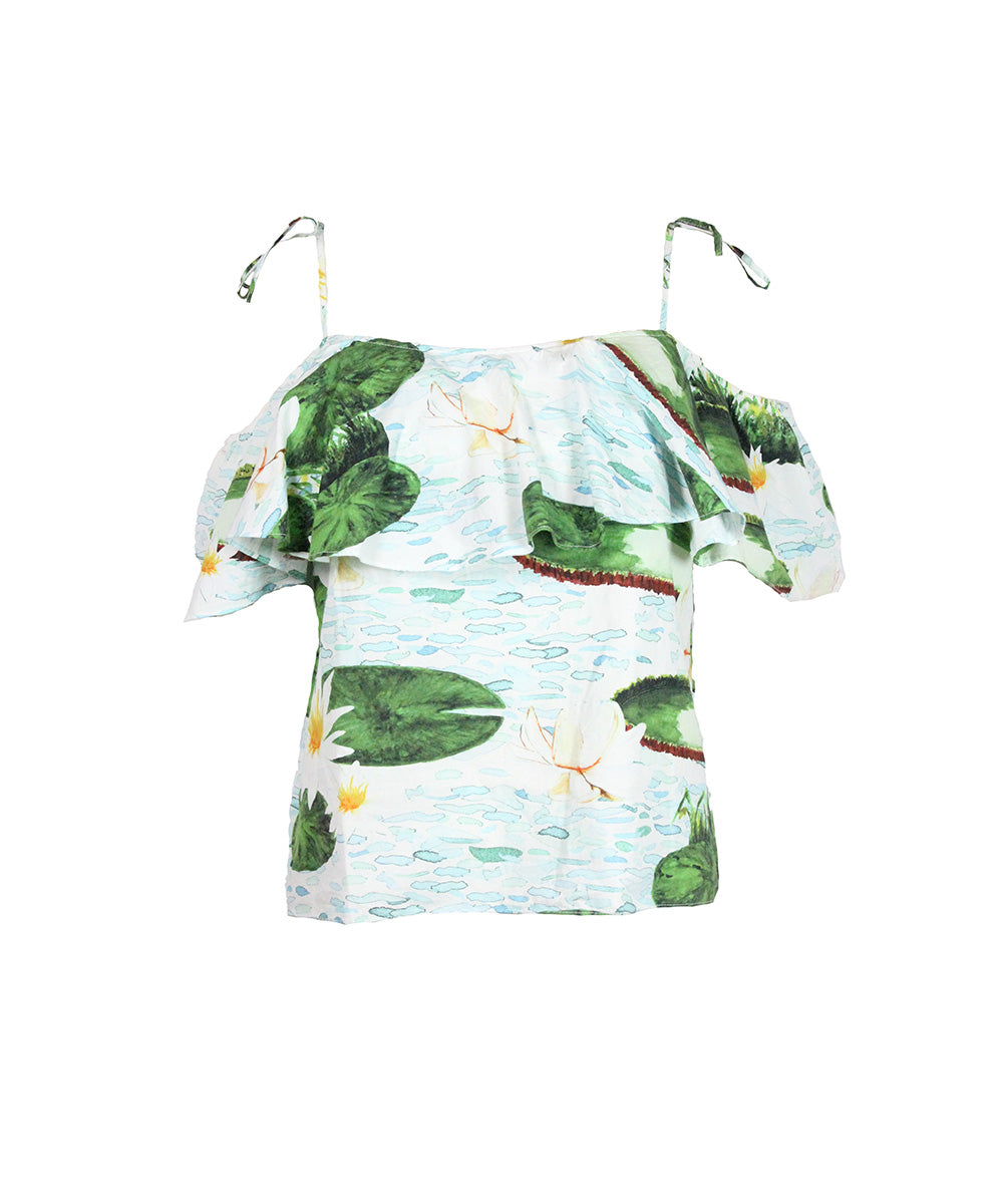 Blusa Estampa de Vitoria-Regia Ombro a Ombro
