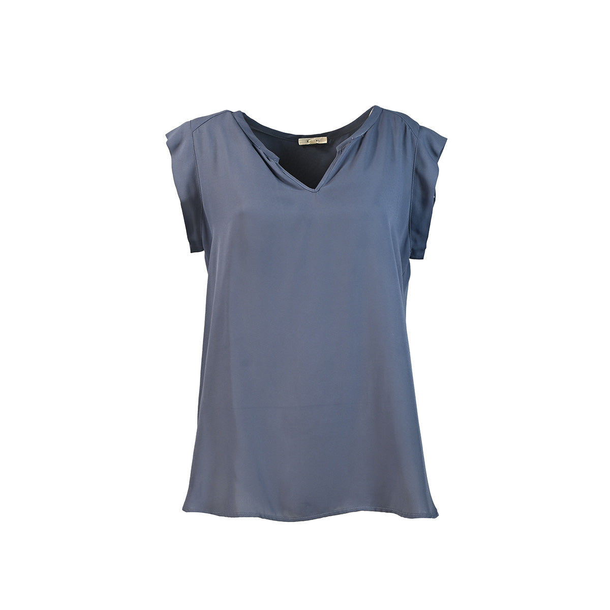 camiseta azul acinzentada com plissado nas costas