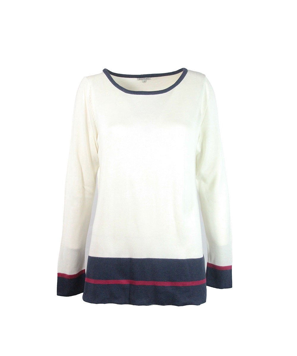 Camiseta Branca cim Listra Azul-marinho e Rosa
