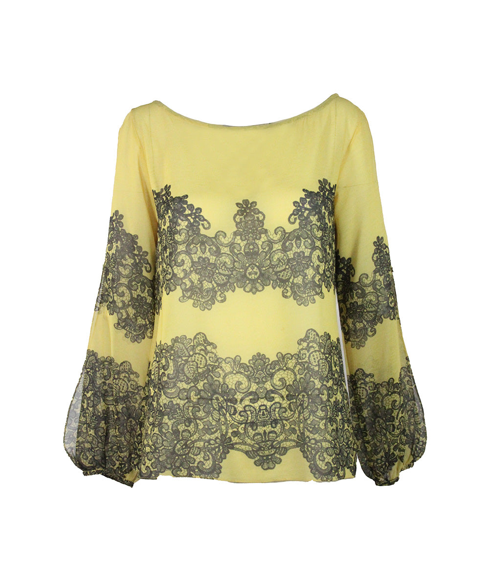 Blusa Amarela com Estampa de Renda Preta