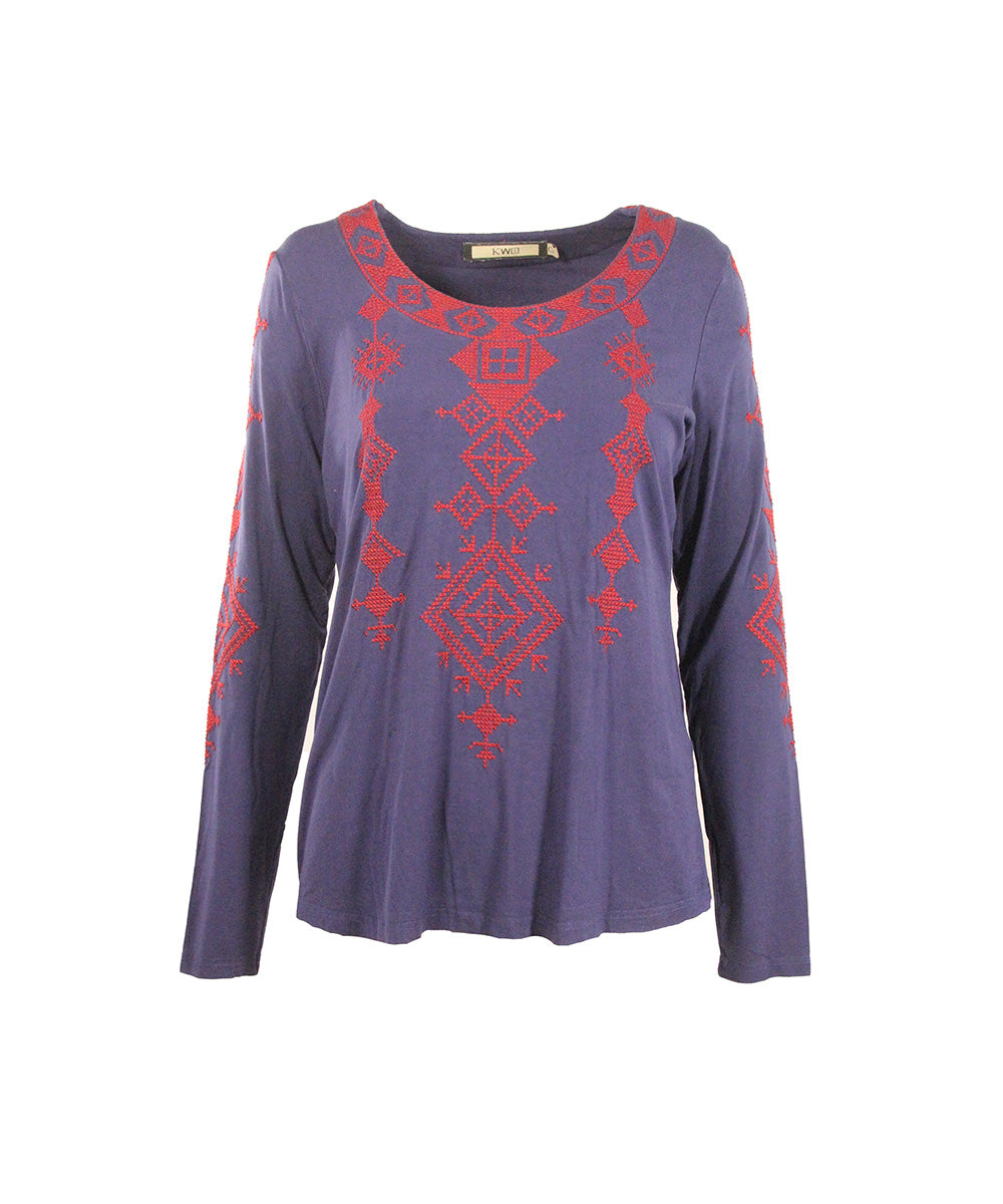 Camiseta Azul com Bordado Vermelho