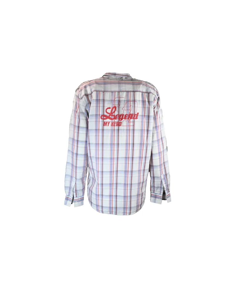 Camisa Branca Com Listras Em Azul, Vermelho e Cinza