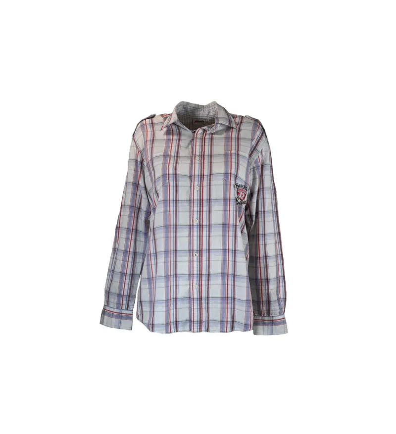 Camisa Branca Com Listras Em Azul, Vermelho e Cinza