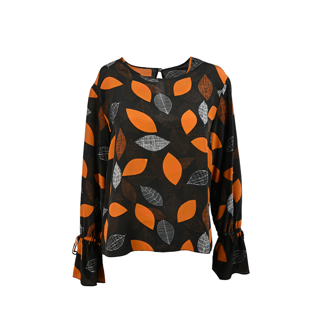 Blusa de seda estampada com folhagem laranja