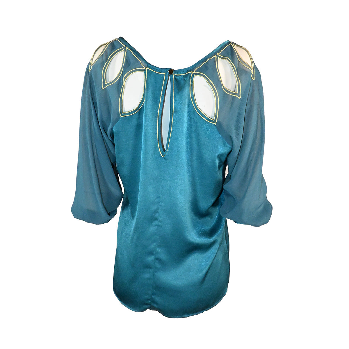 Blusa turquesa com aberturas no colo