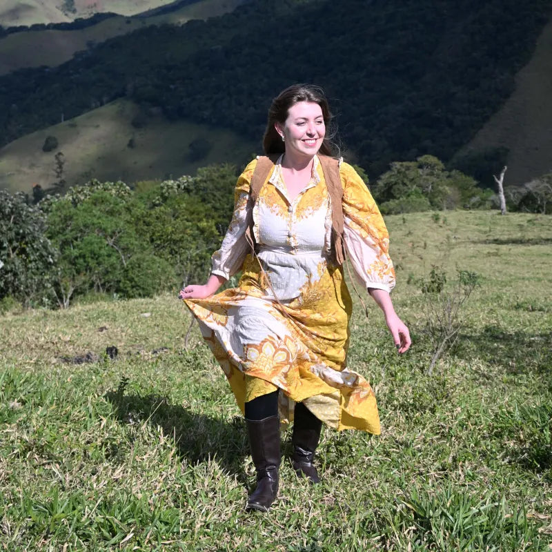 Vestido Longo Amarelo e Branco Floral
