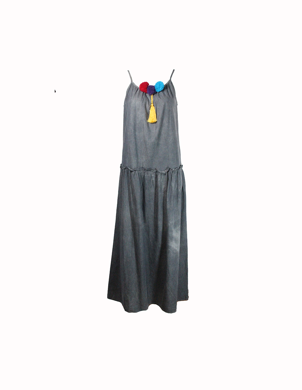 Vestido Longo Cinza Com Pom Pom
