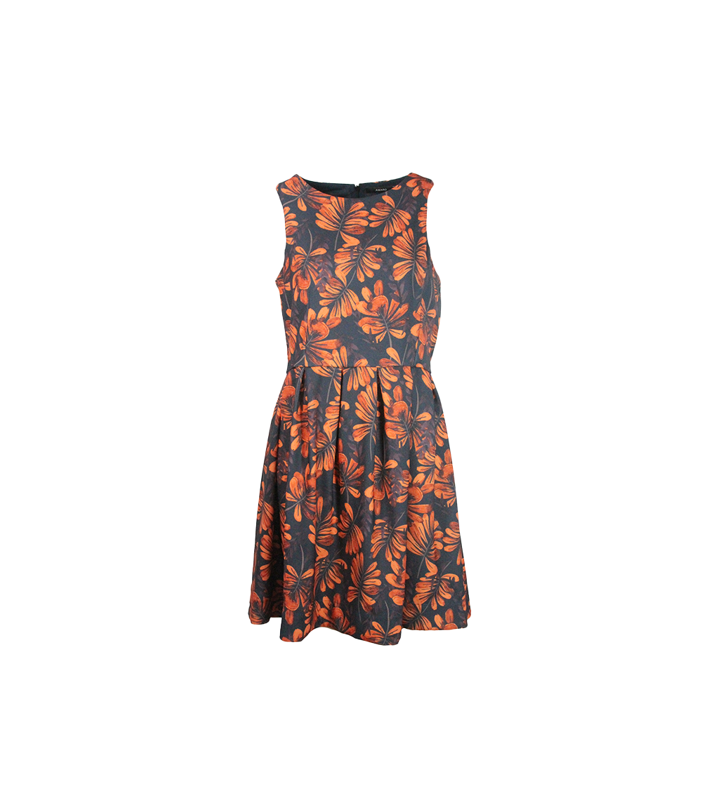 Vestido Curto Azul-Marinho com Floral Laranja