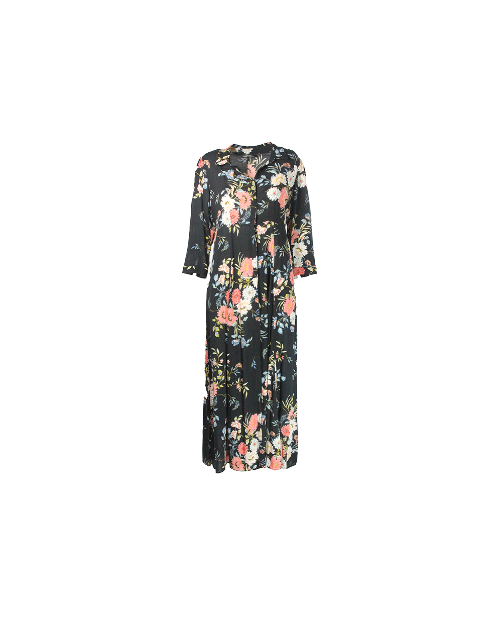 Vestido Longo Preto Floral com Botões