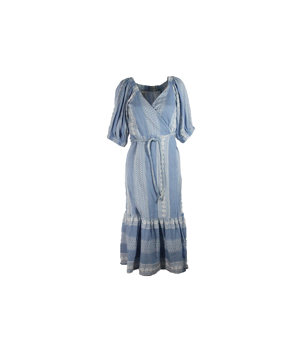 Vestido Midi Azul e Branco Estampado