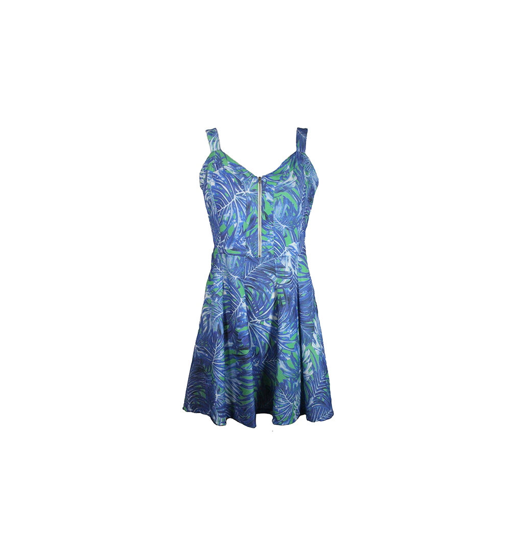 Vestido curto azul com folhagem