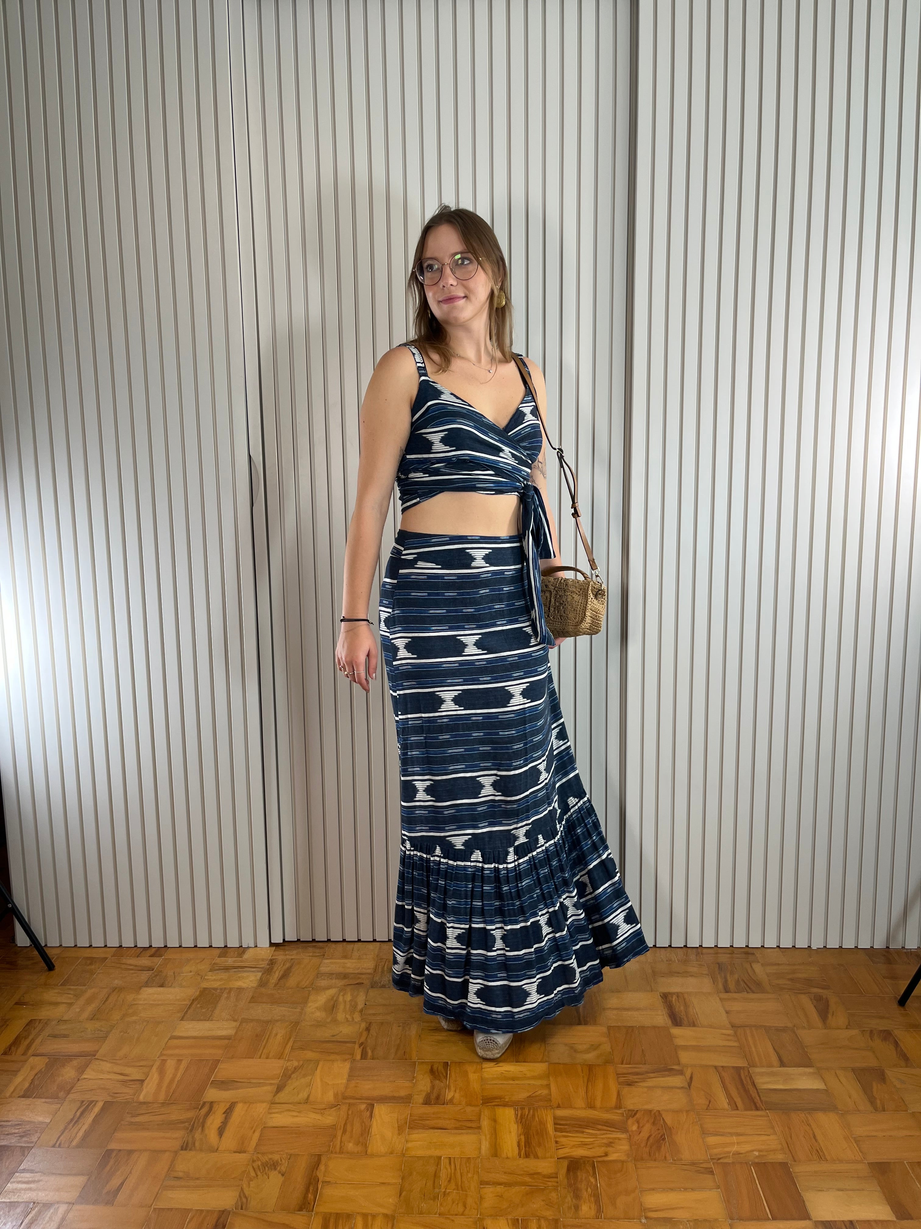 Saia Longa Estampada Azul e Branca