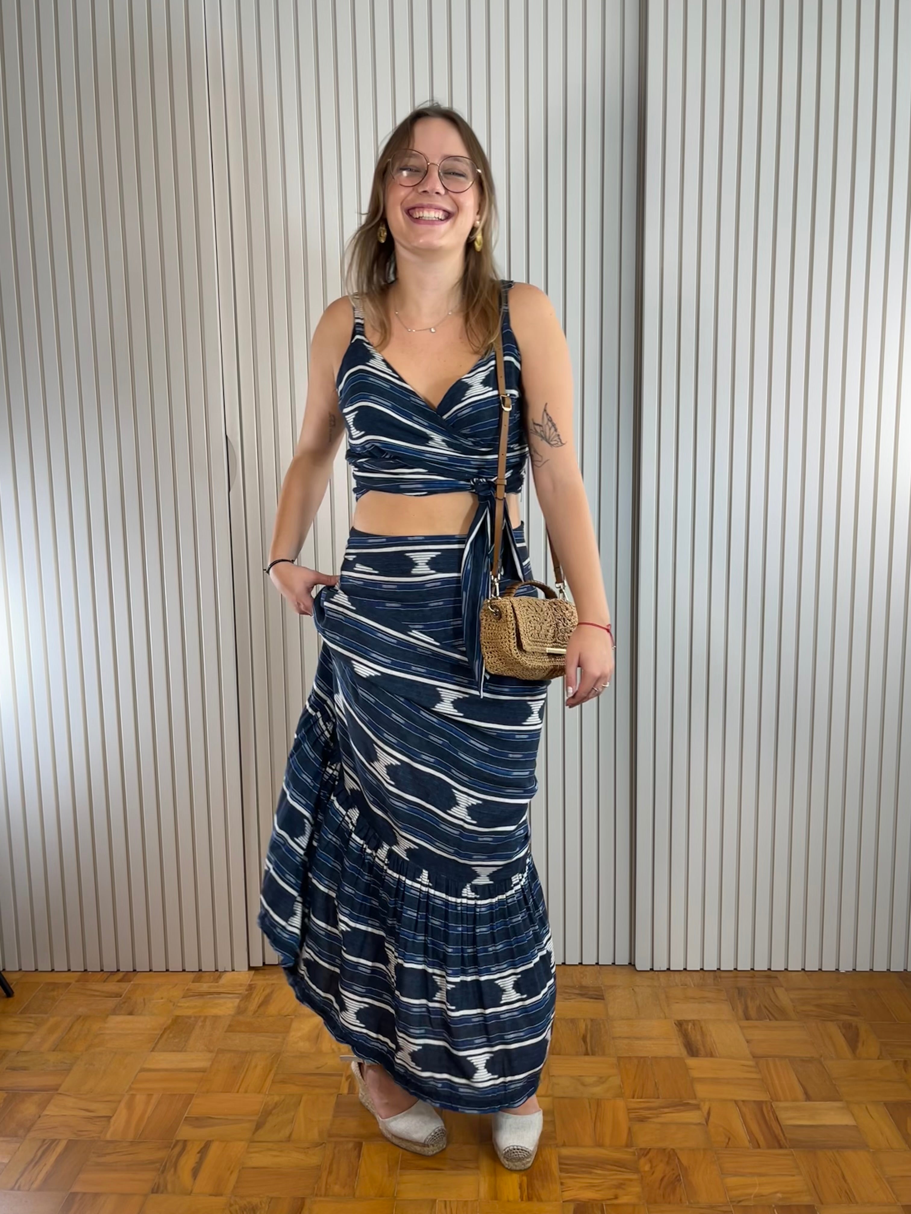 Saia Longa Estampada Azul e Branca