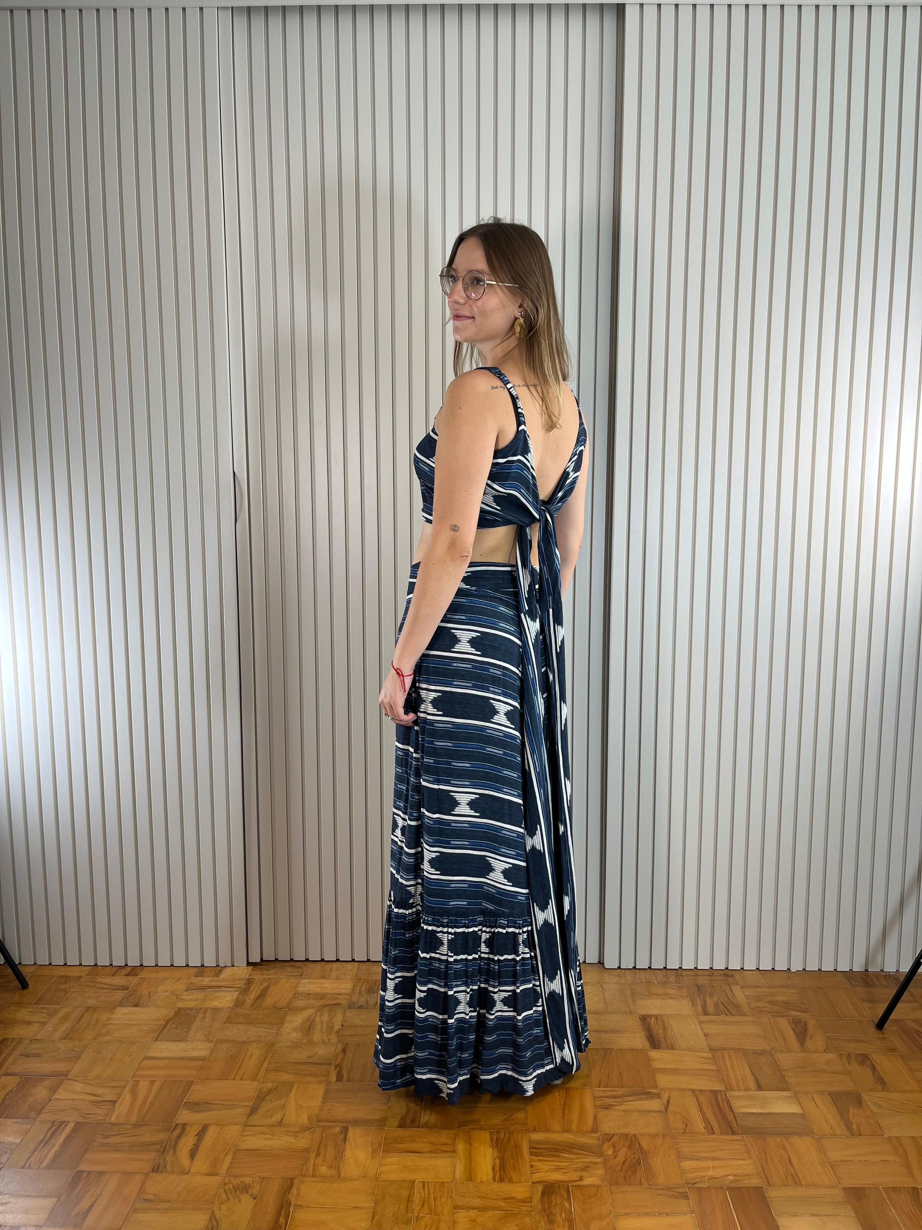 Saia Longa Estampada Azul e Branca
