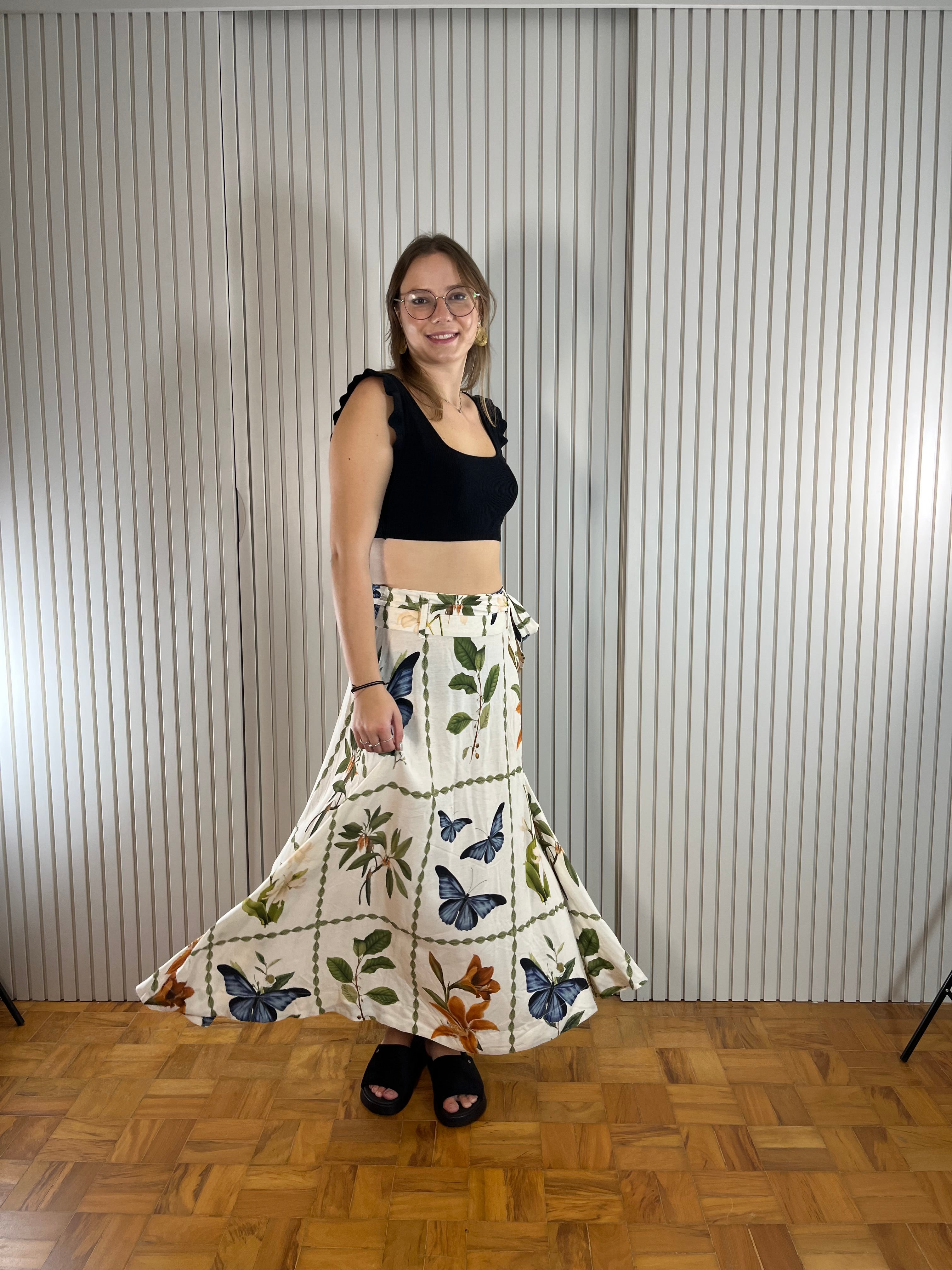 Saia midi branca floral