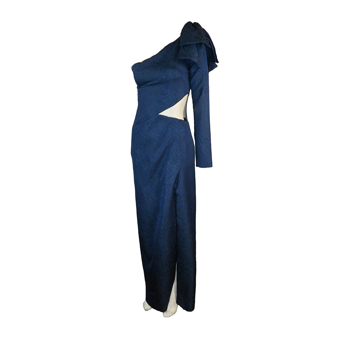 Vestido de festa azul marinho com ombro só e manga