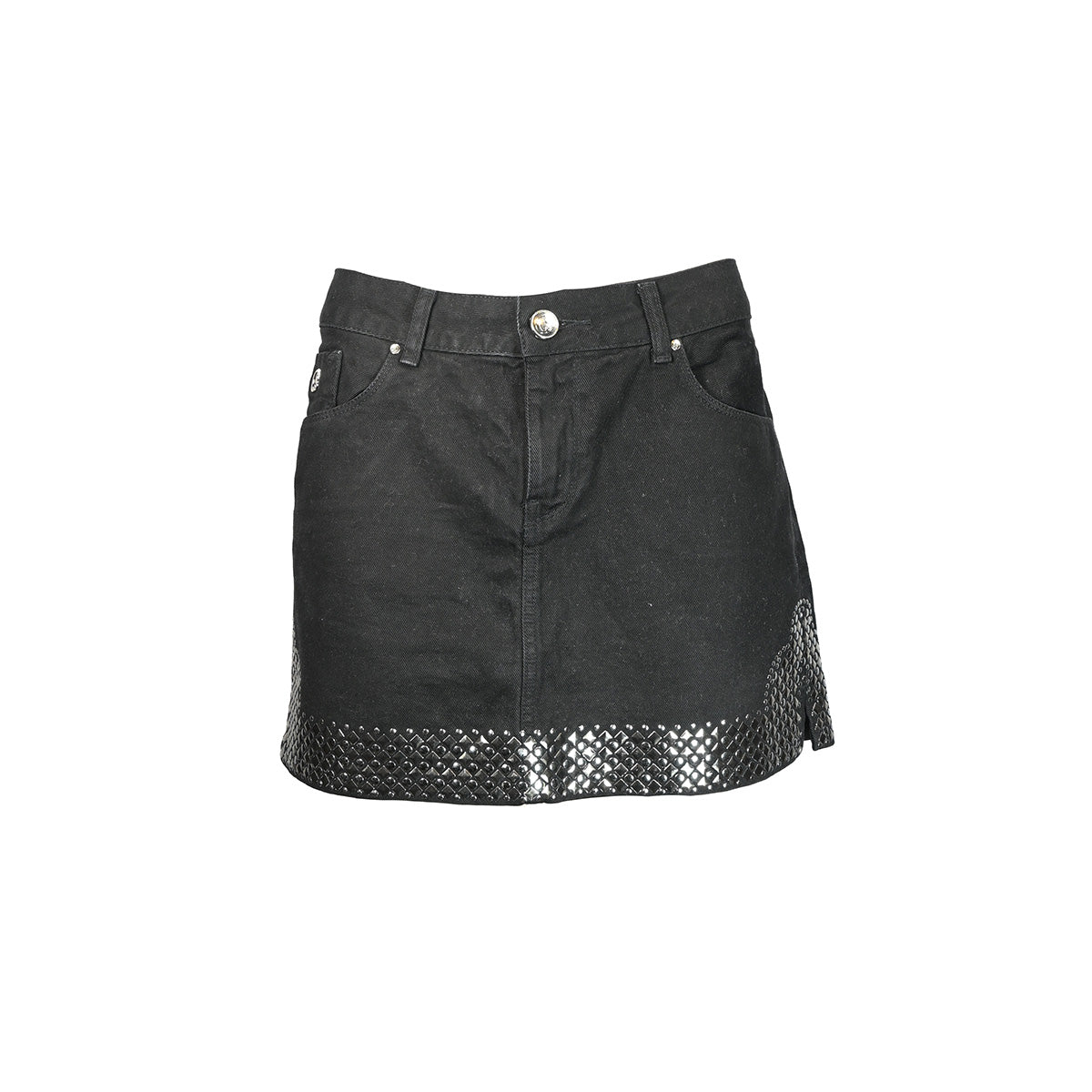 Saia curta preta com aplicações prateadas
