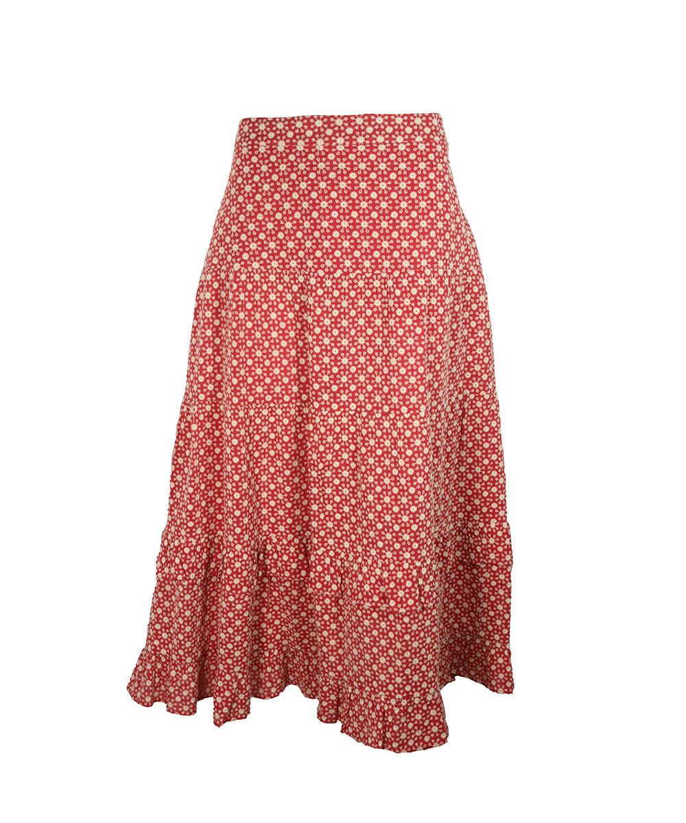 Saia Midi Vermelha com Flores Brancas