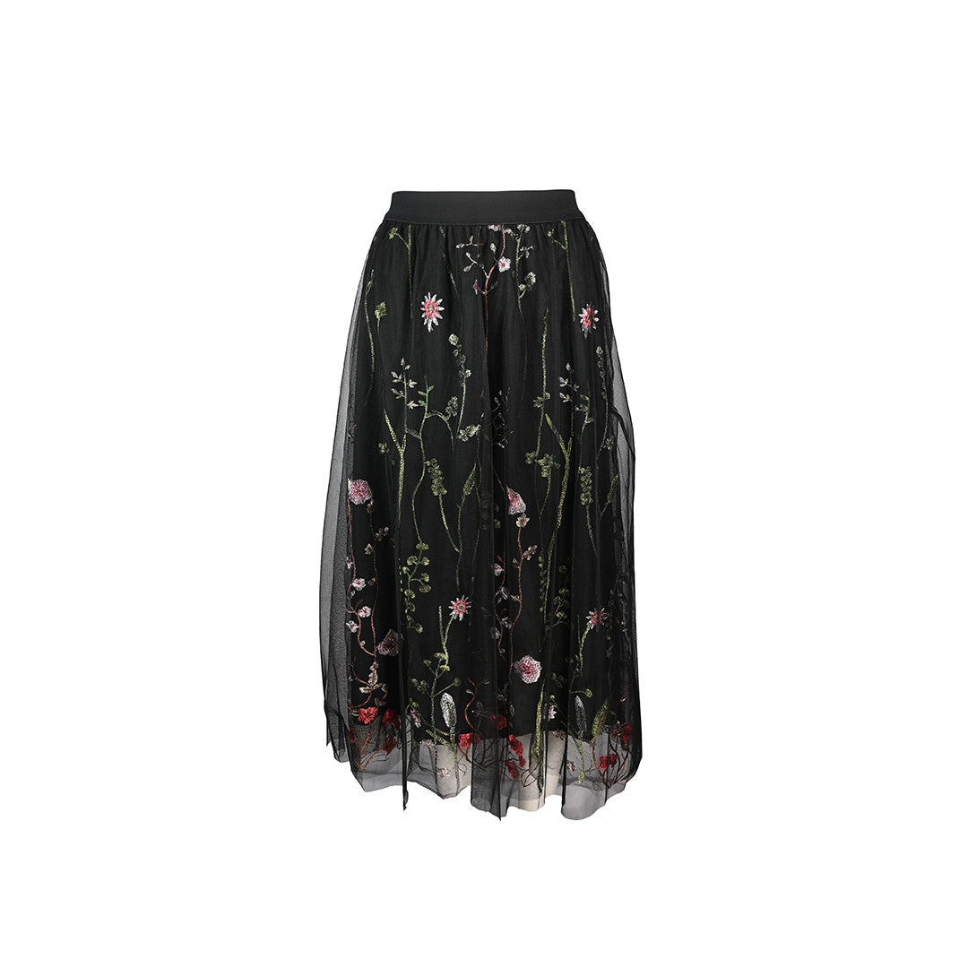 Saia Midi Floral Preta Com Tule