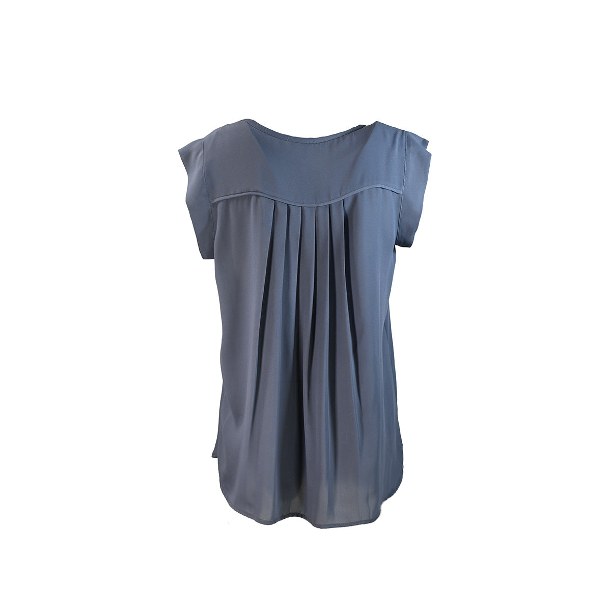 camiseta azul acinzentada com plissado nas costas
