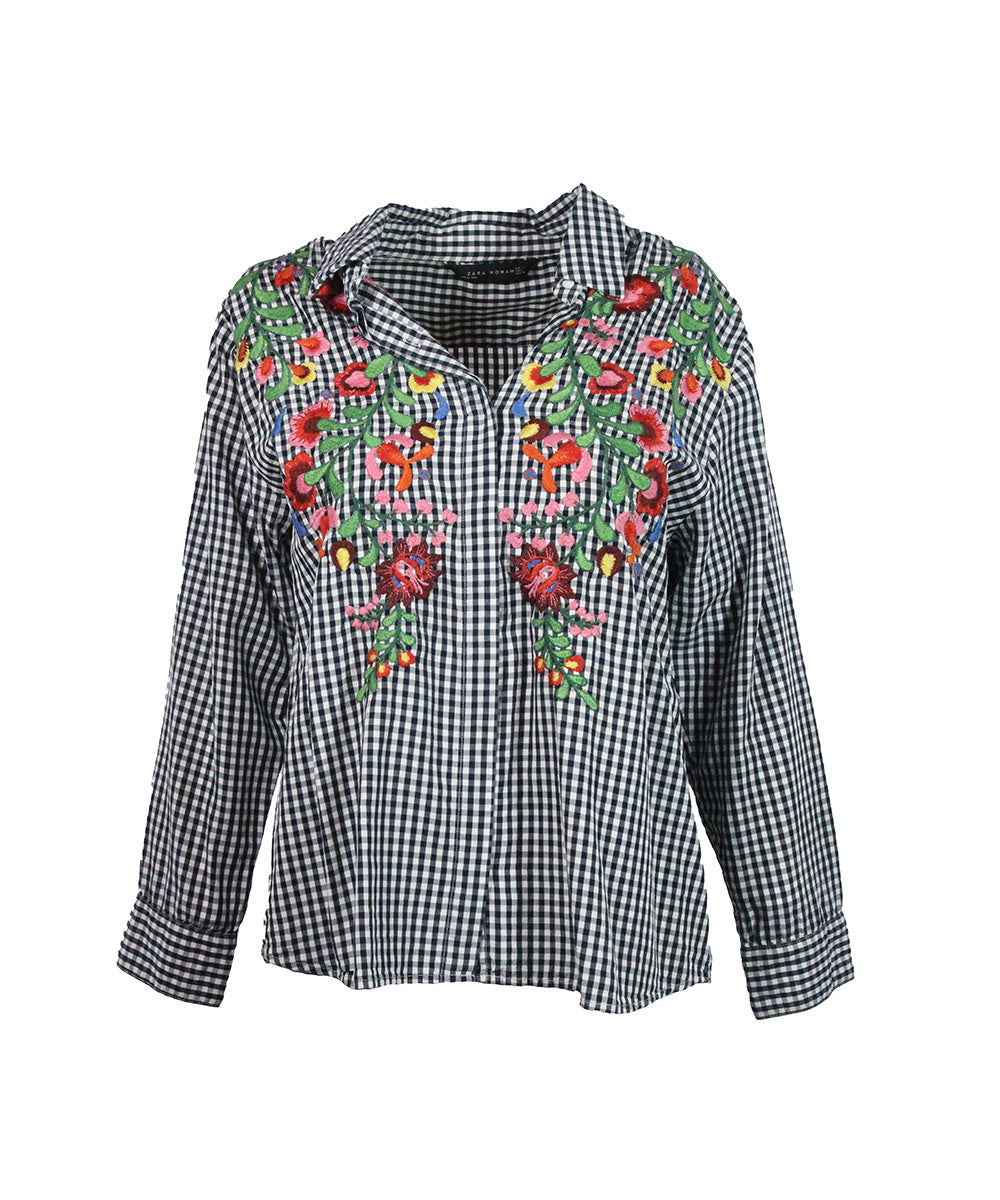 Camisa Xadrez Preto e Branco com Bordado Floral