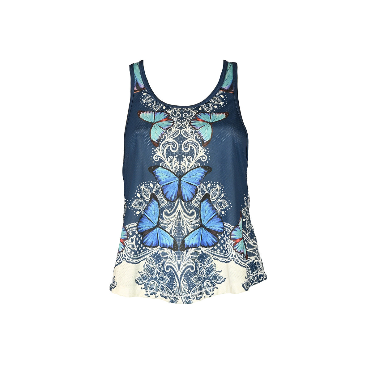 Regata azul com flores e borboletas