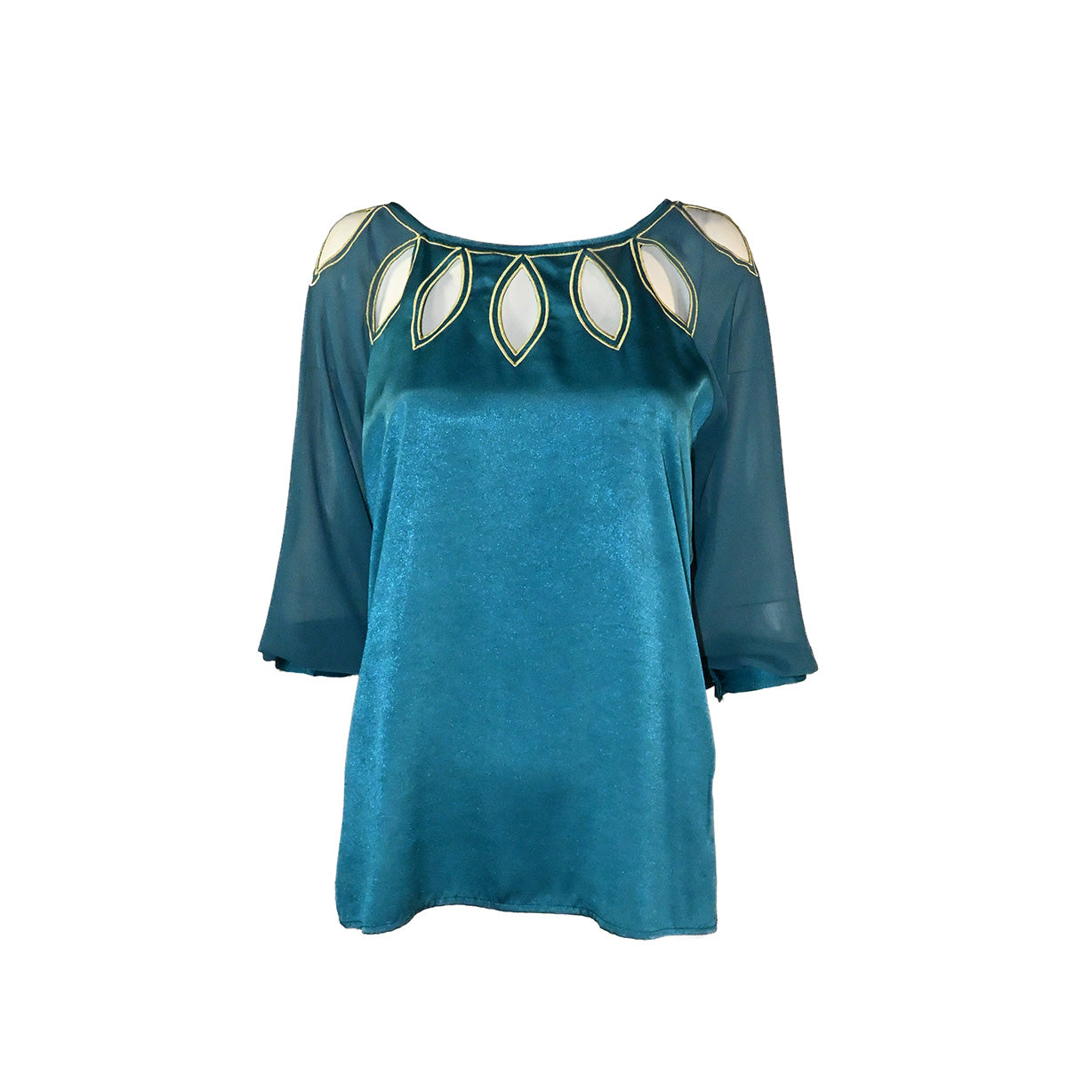 Blusa turquesa com aberturas no colo