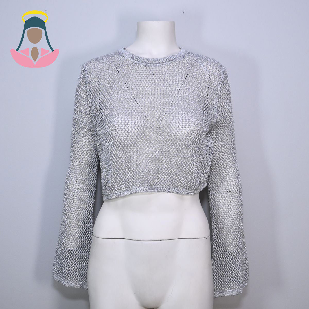 Camiseta cropped de malha prateada