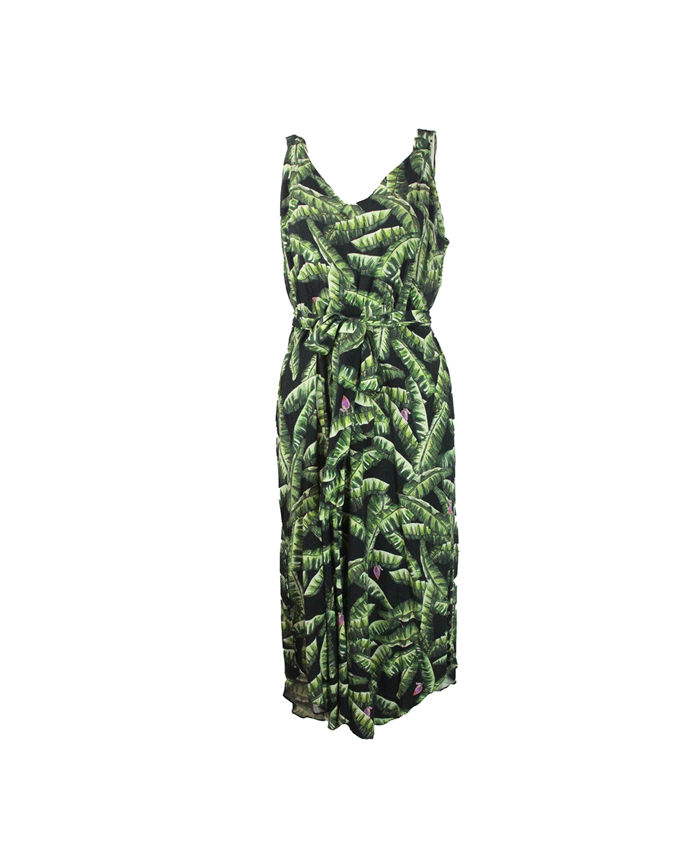 Vestido Midi Verde com Estampa de Folhagem