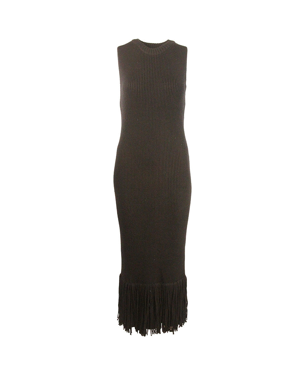 Vestido Longo Preto de Malha com Franjas