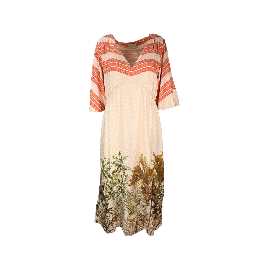 Vestido longo rosa com palmeiras