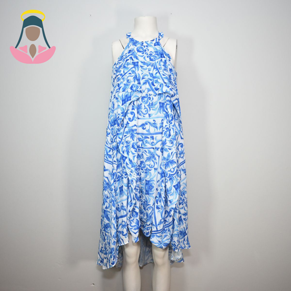 Vestido estampado azul e branco