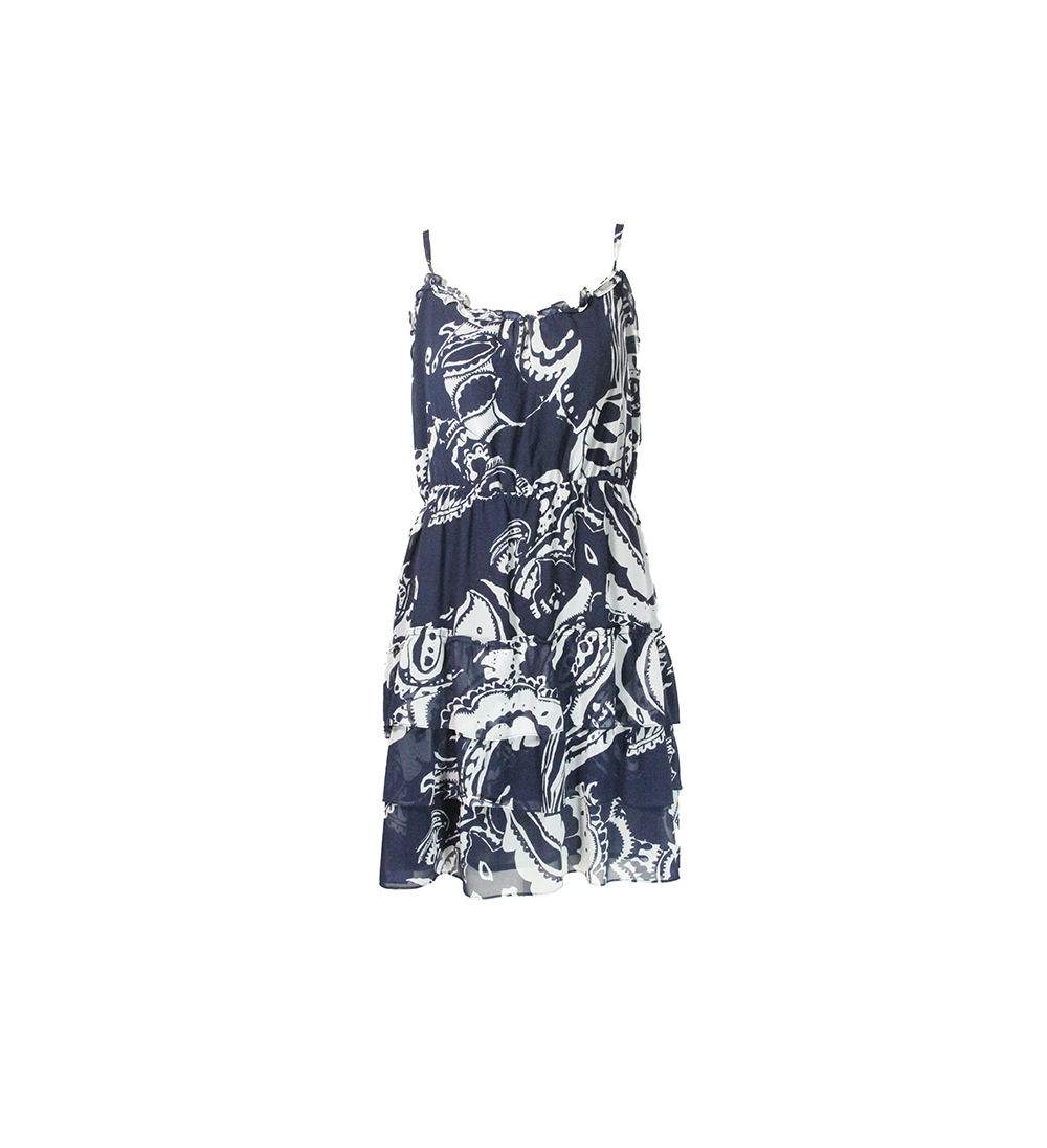 Vestido curto estampado azul marinho e branco