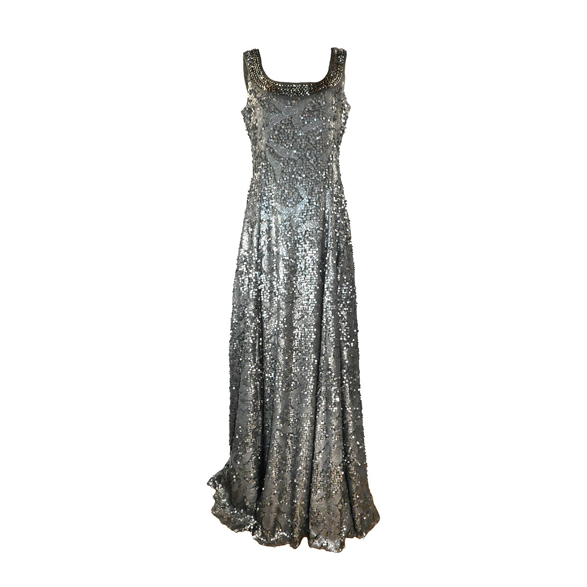 Vestido de festa prateado com lantejoulas