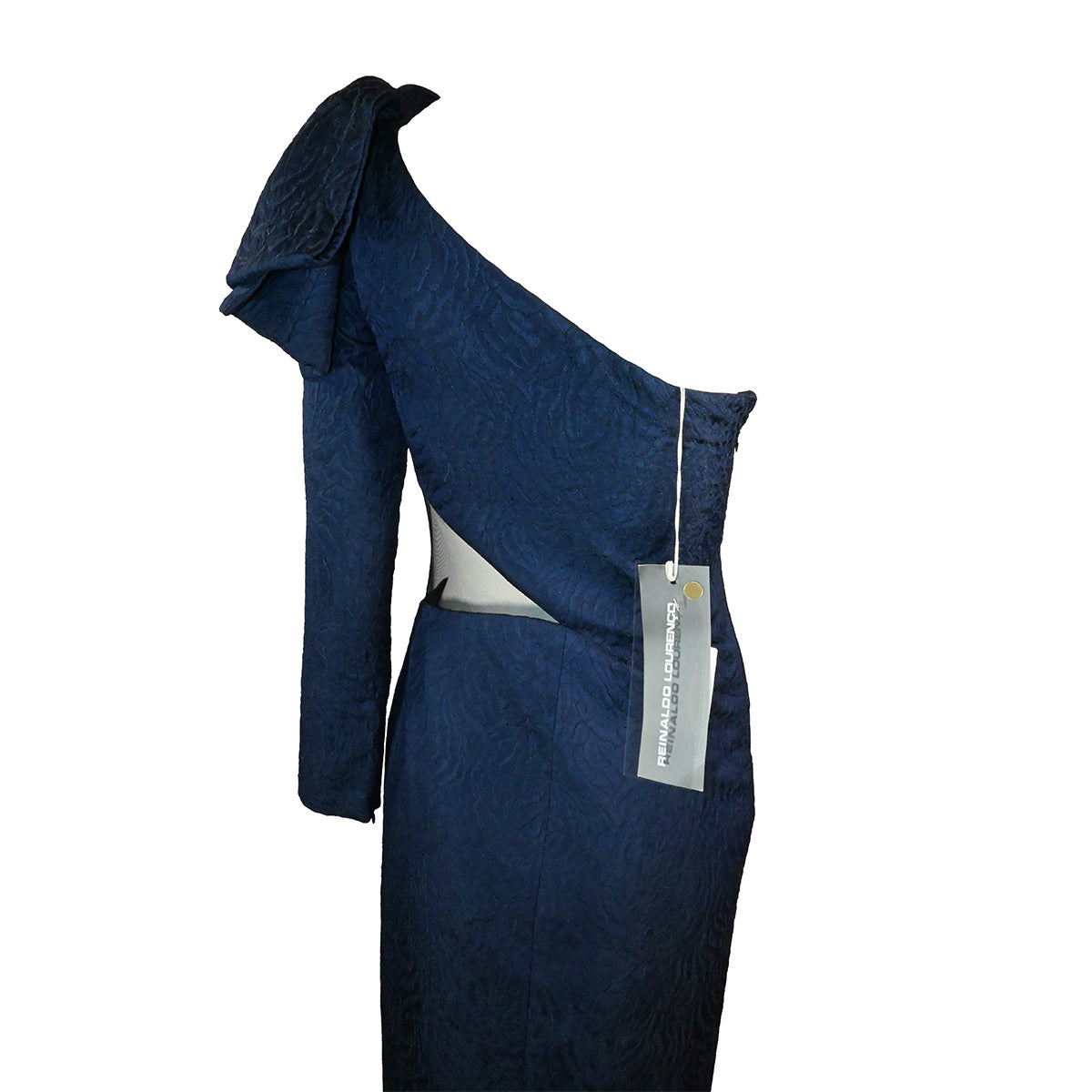 Vestido de festa azul marinho com ombro só e manga